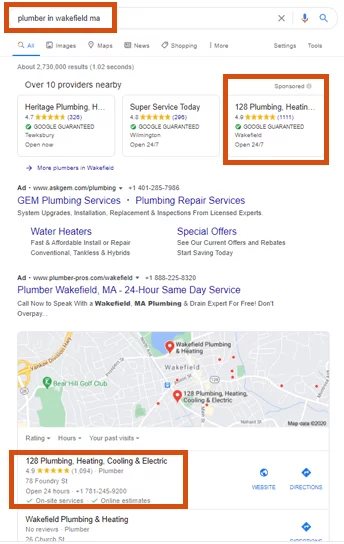 Google search results showing 128 Plumbing ranking prominently for 'plumber in wakefield ma'