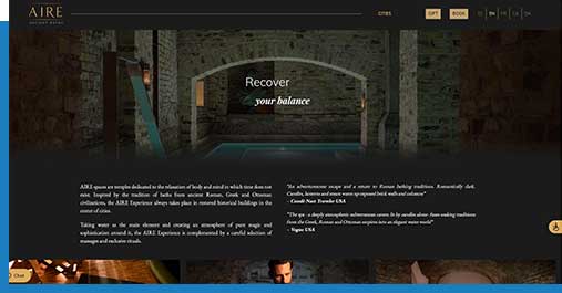 AIRE Ancient Baths website showing thermal bath and 'Recover your balance' tagline