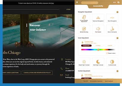 AIRE website with accessibility panel showing various accessibility features