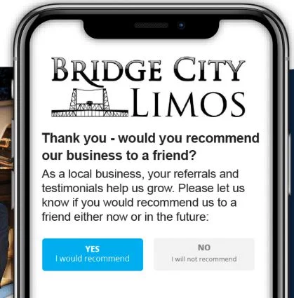 Mobile phone showing Bridge City Limos review request