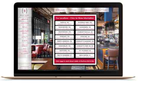 Burton's Grill & Bar website showing multiple restaurant locations
