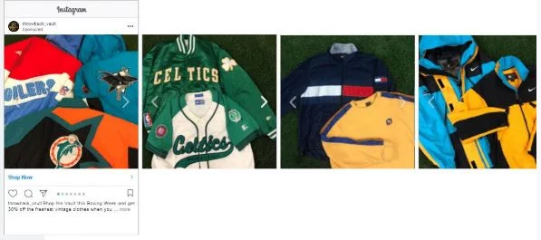 Instagram post showing various vintage sports jerseys and apparel