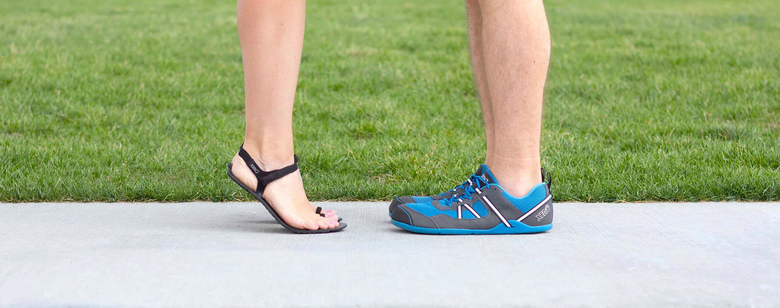 Side-by-side comparison of Xero sandal and running shoe on feet