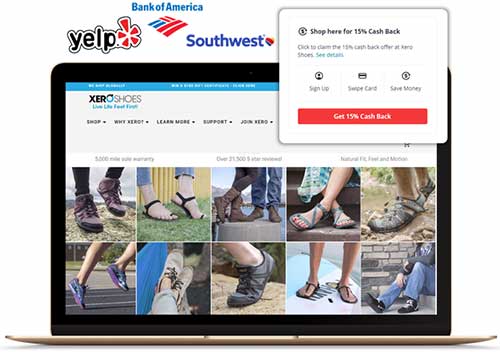 Xero Shoes website with 15% cash back offer popup