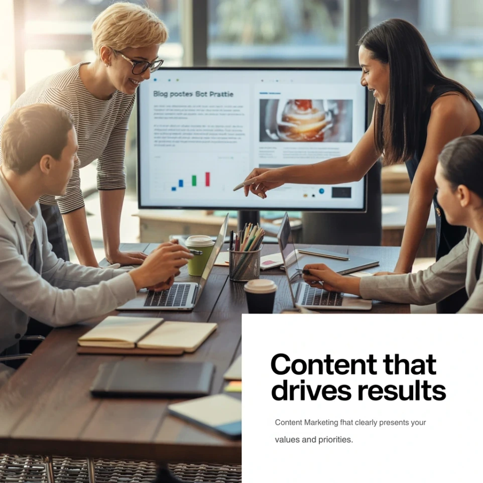 Content marketing team collaborating on strategy and content creation